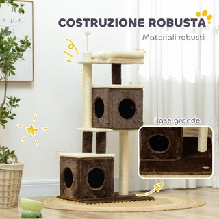 Rascador para Gatos, Ensamblado Libremente, Torre de Rascador de 107 Cm con 2 Casitas, Cama, Plataformas de Salto y Pelota de Juguete, en Madera, Felpa y Sisal, Multicolor