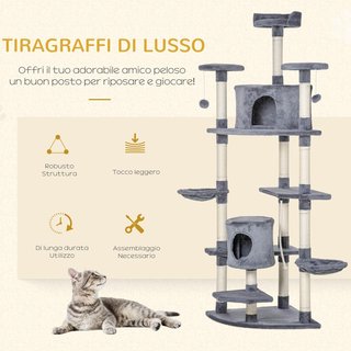 Albero Gratta per Gatti Alto 200Cm Con Pali di Sisal, Casette e Amache in Legno Multistrato e Peluche, 60X60X200Cm, Grigio Chiaro