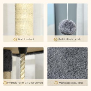 Albero Gratta per Gatti Alto 200Cm Con Pali di Sisal, Casette e Amache in Legno Multistrato e Peluche, 60X60X200Cm, Grigio Chiaro