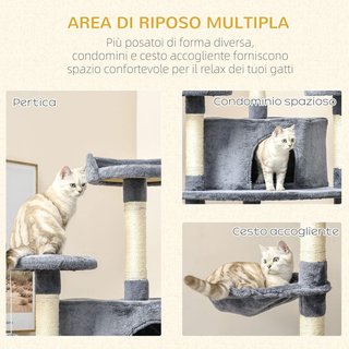Albero Gratta per Gatti Alto 200Cm Con Pali di Sisal, Casette e Amache in Legno Multistrato e Peluche, 60X60X200Cm, Grigio Chiaro
