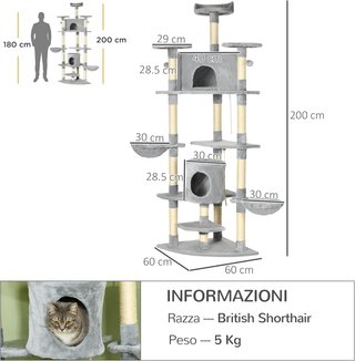 Albero Gratta per Gatti Alto 200Cm Con Pali di Sisal, Casette e Amache in Legno Multistrato e Peluche, 60X60X200Cm, Grigio Chiaro