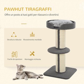 Rascador de Árbol para Gatos con Cama, Cojín y Suave Tapizado Gris, Postes de Cuerda de Sisal Ø16.5 Cm, Altura 91Cm