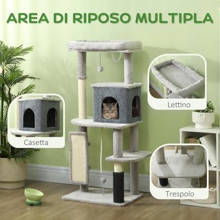 Árbol Rascador Multinivel Alto 132 Cm, Gimnasio para Gatos con Casita, Cama para Gatos, Postes Rascadores, Plataforma, Cepillo y Pelota, Dispositivo Antivuelco, Gris Claro