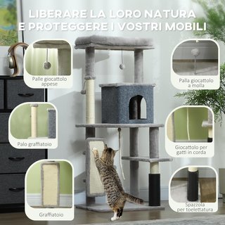 Árbol Rascador Multinivel Alto 132 Cm, Gimnasio para Gatos con Casita, Cama para Gatos, Postes Rascadores, Plataforma, Cepillo y Pelota, Dispositivo Antivuelco, Gris Claro