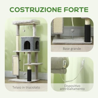 Árbol Rascador Multinivel Alto 132 Cm, Gimnasio para Gatos con Casita, Cama para Gatos, Postes Rascadores, Plataforma, Cepillo y Pelota, Dispositivo Antivuelco, Gris Claro