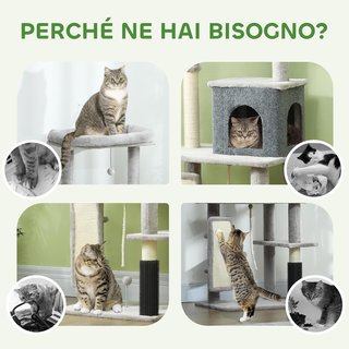 Árbol Rascador Multinivel Alto 132 Cm, Gimnasio para Gatos con Casita, Cama para Gatos, Postes Rascadores, Plataforma, Cepillo y Pelota, Dispositivo Antivuelco, Gris Claro