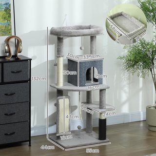 Árbol Rascador Multinivel Alto 132 Cm, Gimnasio para Gatos con Casita, Cama para Gatos, Postes Rascadores, Plataforma, Cepillo y Pelota, Dispositivo Antivuelco, Gris Claro