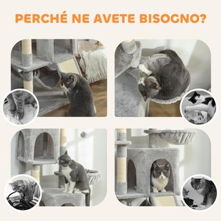 Grattatoio per Gatti Alto 177 Cm, Albero per Gatti Multilivello Con 5 Pali, 2 Grotte, 2 Letti, 2 Amache, 2 Pompon, Piattaforma, Scala, Torre per Gattini, in Peluche, Grigio Chiaro