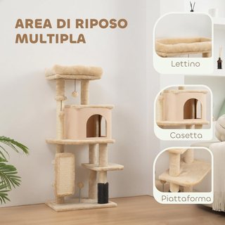 Árbol Rascador Multinivel Alto 132 Cm, Gimnasio para Gatos con Casita, Cama para Gatos, Postes Rascadores, Plataforma, Cepillo y Pelota, Dispositivo Antivuelco, Beige