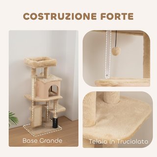 Árbol Rascador Multinivel Alto 132 Cm, Gimnasio para Gatos con Casita, Cama para Gatos, Postes Rascadores, Plataforma, Cepillo y Pelota, Dispositivo Antivuelco, Beige