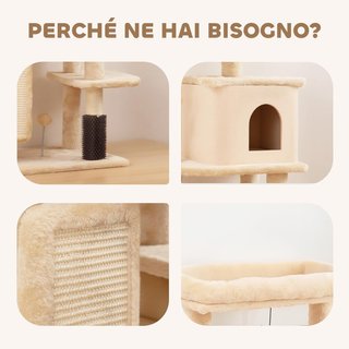 Árbol Rascador Multinivel Alto 132 Cm, Gimnasio para Gatos con Casita, Cama para Gatos, Postes Rascadores, Plataforma, Cepillo y Pelota, Dispositivo Antivuelco, Beige