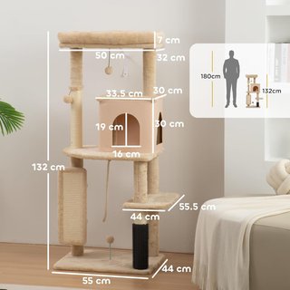 Árbol Rascador Multinivel Alto 132 Cm, Gimnasio para Gatos con Casita, Cama para Gatos, Postes Rascadores, Plataforma, Cepillo y Pelota, Dispositivo Antivuelco, Beige