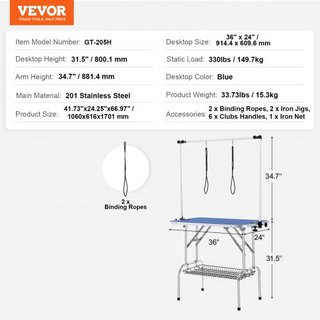 Mesa de Aseo para Mascotas con Dos Brazos y Abrazadera, Estación de Aseo para Perros de 915 x 610 mm, Soporte de Aseo Plegable para Perros Medianos y Pequeños, Incluye Dos Sujetadores de Cadera Si...