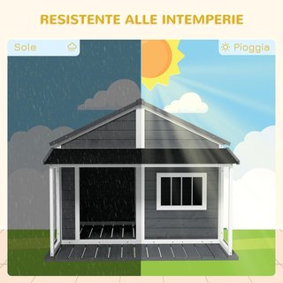 Caseta para Perros de Exterior con Techo Impermeable, Casita para Perros de Madera de Abeto con Ventana y Terraza, 124X112X105Cm, Gris