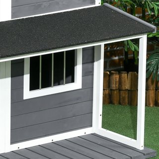 Caseta para Perros de Exterior con Techo Impermeable, Casita para Perros de Madera de Abeto con Ventana y Terraza, 124X112X105Cm, Gris