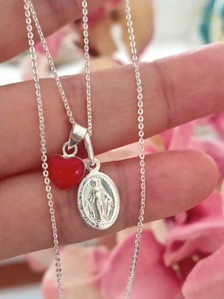 Cadena 50 cm plata con Medalla Milagrosa y corazón