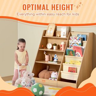 Scaffale in Legno per Bambini a 4 Livelli, Libreria a Sei Strati, Scaffale di Stoccaggio per Neonati, Organizzatore per Libri e Giocattoli, per Camera dei Bambini, Sala Giochi, Giardino...