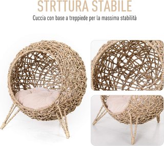 Cesta Elevada para Gatos Hasta 10Kg, Cama para Mascotas de Mimbre Color Madera (Φ52X58Cm)