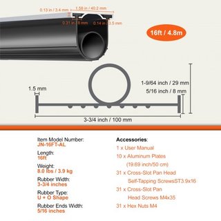 Sellos de Garaje de Caucho para la Parte Inferior, Forma en U + O Ring Sello de Clima para la Parte Inferior de la Puerta de Garaje con Kit de Retenedor de Aluminio Pre-perforado, 4.88 m, Extremos...