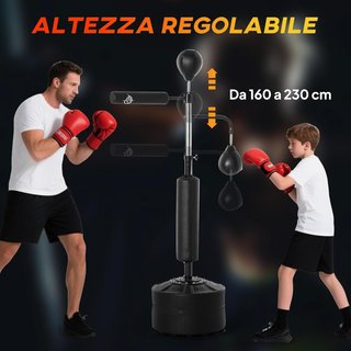 Saco de Boxeo de Suelo 4 en 1 con 2 Speedball, Barra Giratoria para Reflejos y Saco de Boxeo, Altura Ajustable de 160-230 cm, Negro