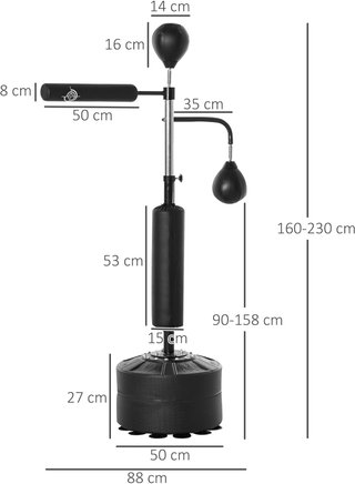 Saco de Boxeo de Suelo 4 en 1 con 2 Speedball, Barra Giratoria para Reflejos y Saco de Boxeo, Altura Ajustable de 160-230 cm, Negro
