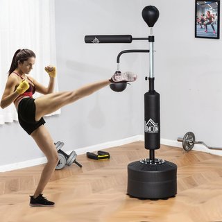 Saco de Boxeo de Suelo 4 en 1 con 2 Speedball, Barra Giratoria para Reflejos y Saco de Boxeo, Altura Ajustable de 160-230 cm, Negro