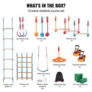Curso de Obstáculos Ninja Warrior para Niños, 2 x 56 pies de Slacklines a Prueba de Clima, Línea de Mono con Capacidad de Carga de 500 lbs, Equipo de Juego al Aire Libre, Juguetes de Patio, Set de...