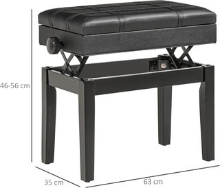 Banco de Piano con Altura Ajustable y Compartimento, Banco de Piano de Madera y Piel Sintética PU, 63X35X46-56Cm, Negro