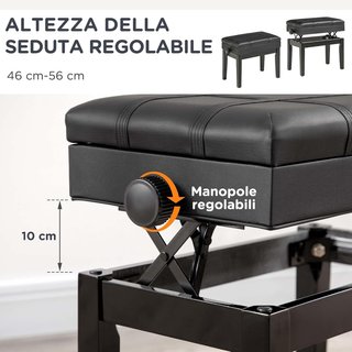 Banco de Piano con Altura Ajustable y Compartimento, Banco de Piano de Madera y Piel Sintética PU, 63X35X46-56Cm, Negro