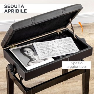 Banco de Piano con Altura Ajustable y Compartimento, Banco de Piano de Madera y Piel Sintética PU, 63X35X46-56Cm, Negro