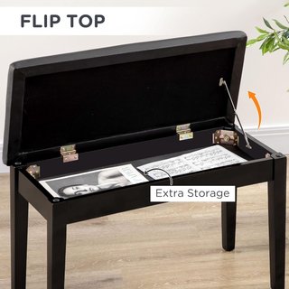 Banco de Piano con Compartimento, Banco de Piano de Madera y Cuero Sintético PU, 75X35X49Cm, Negro
