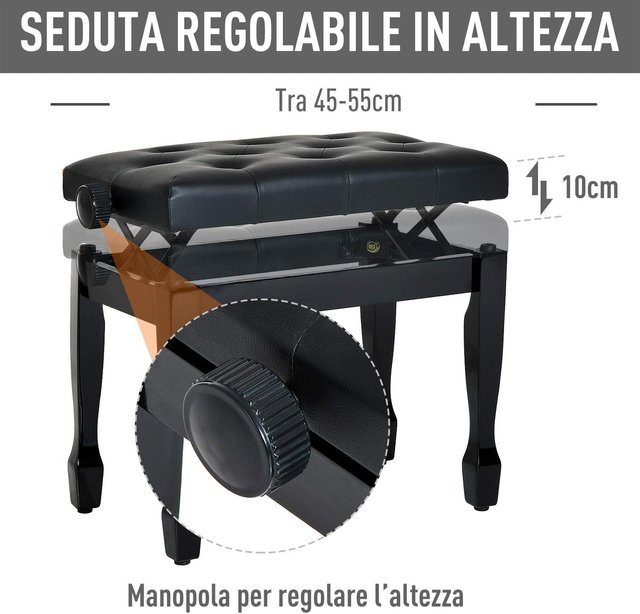 Banco de Piano con Altura Ajustable 45-55Cm, en Madera y Piel PU Negra
