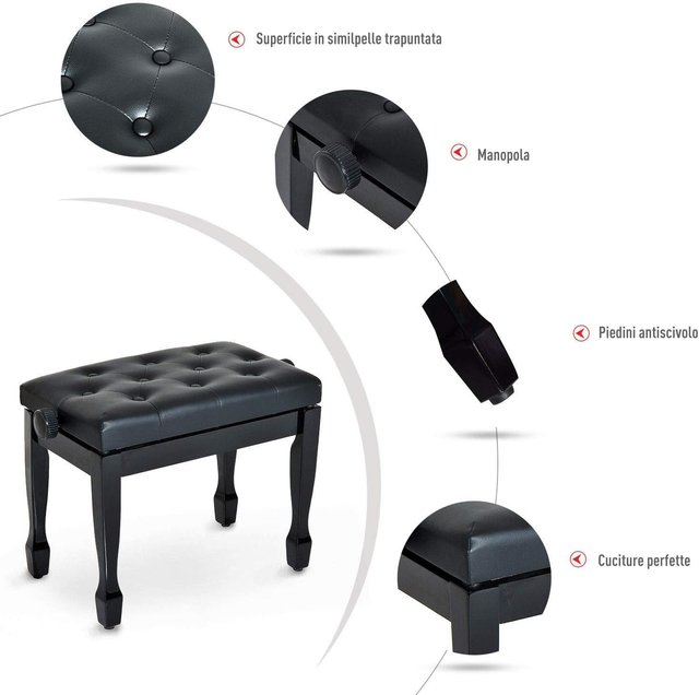 Banco de Piano con Altura Ajustable 45-55Cm, en Madera y Piel PU Negra
