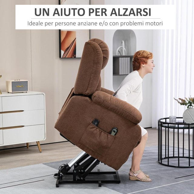Sillón Elevador Eléctrico Con Control Remoto, Sillón Relax Masajeador Y Reclinado En Tela Con Reposapiés Y Bolsillos Laterales, 91X93X103Cm, Marrón