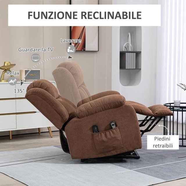 Sillón Elevador Eléctrico Con Control Remoto, Sillón Relax Masajeador Y Reclinado En Tela Con Reposapiés Y Bolsillos Laterales, 91X93X103Cm, Marrón