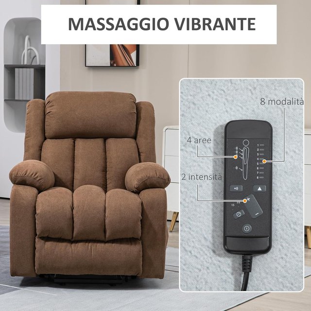 Sillón Elevador Eléctrico Con Control Remoto, Sillón Relax Masajeador Y Reclinado En Tela Con Reposapiés Y Bolsillos Laterales, 91X93X103Cm, Marrón
