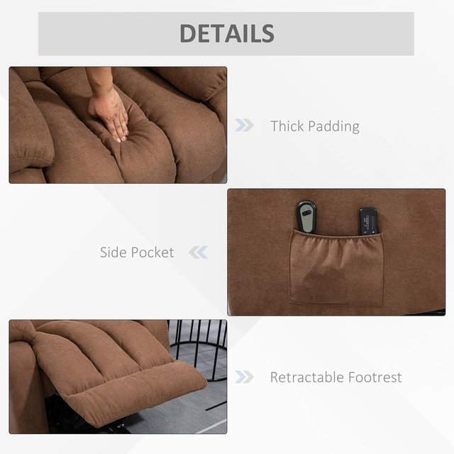 Sillón Elevador Eléctrico Con Control Remoto, Sillón Relax Masajeador Y Reclinado En Tela Con Reposapiés Y Bolsillos Laterales, 91X93X103Cm, Marrón