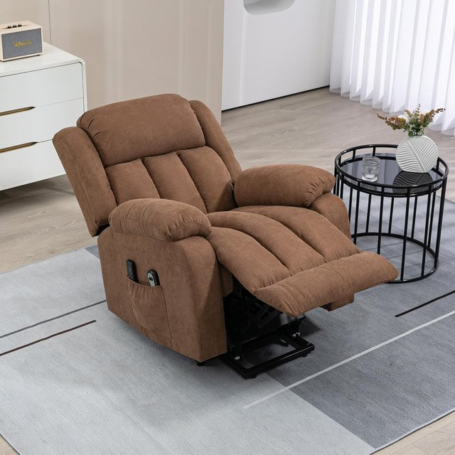 Sillón Elevador Eléctrico Con Control Remoto, Sillón Relax Masajeador Y Reclinado En Tela Con Reposapiés Y Bolsillos Laterales, 91X93X103Cm, Marrón