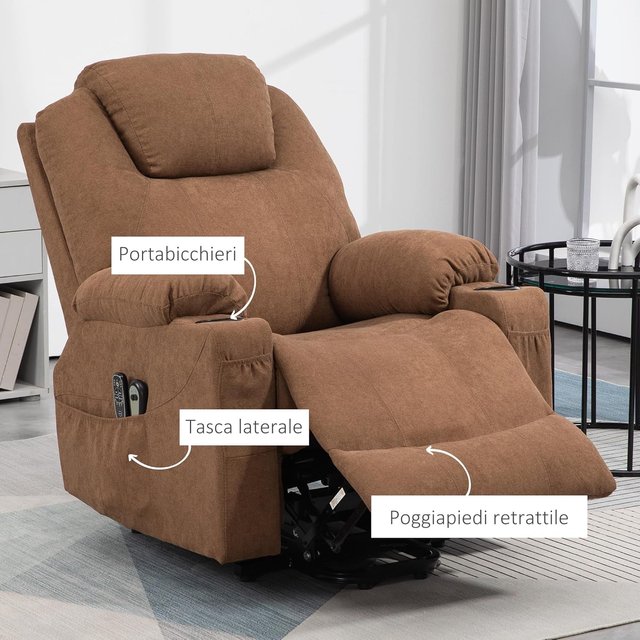 Sillón Elevador Eléctrico Reclinable Con 8 Puntos Masajeadores Y Calefacción, Sillón Moderno En Tejido Efecto Lino Con Control Remoto, 90X101X107 Cm, Café
