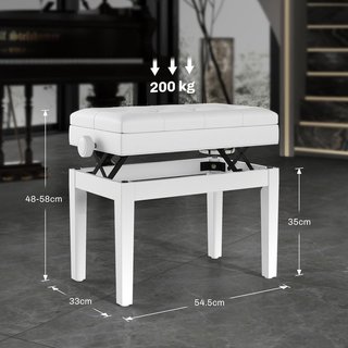 Taburete de Piano Con Altura Regulable 48-58 Cm, Banco de Piano Con Compartimento y Asiento Acolchado, Carga 200 Kg, en Piel PU, Patas de Madera de Caucho, para Teclado, Blanco