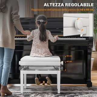 Taburete de Piano Con Altura Regulable 48-58 Cm, Banco de Piano Con Compartimento y Asiento Acolchado, Carga 200 Kg, en Piel PU, Patas de Madera de Caucho, para Teclado, Blanco