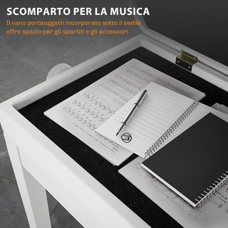 Taburete de Piano Con Altura Regulable 48-58 Cm, Banco de Piano Con Compartimento y Asiento Acolchado, Carga 200 Kg, en Piel PU, Patas de Madera de Caucho, para Teclado, Blanco