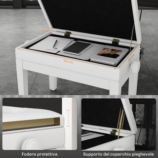 Taburete de Piano Con Altura Regulable 48-58 Cm, Banco de Piano Con Compartimento y Asiento Acolchado, Carga 200 Kg, en Piel PU, Patas de Madera de Caucho, para Teclado, Blanco