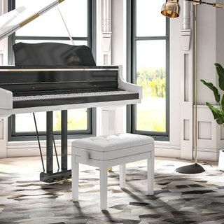 Taburete de Piano Con Altura Regulable 48-58 Cm, Banco de Piano Con Compartimento y Asiento Acolchado, Carga 200 Kg, en Piel PU, Patas de Madera de Caucho, para Teclado, Blanco