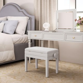 Taburete de Piano Con Altura Regulable 48-58 Cm, Banco de Piano Con Compartimento y Asiento Acolchado, Carga 200 Kg, en Piel PU, Patas de Madera de Caucho, para Teclado, Blanco