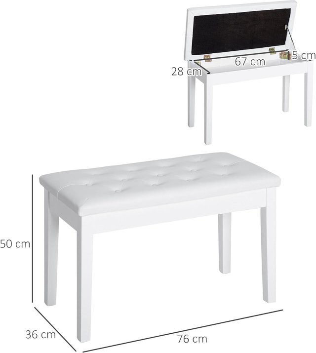 Taburete de Piano Profesional con Compartimento de Almacenamiento Ecopiel, Madera 76 × 36 × 50Cm Blanco