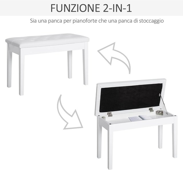 Taburete de Piano Profesional con Compartimento de Almacenamiento Ecopiel, Madera 76 × 36 × 50Cm Blanco