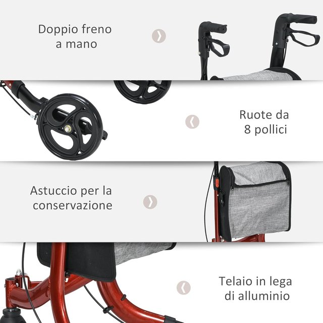 Andador Ajustable Con 3 Ruedas Y Bolsa De Almacenamiento, Andador Para Ancianos De Aluminio Con Doble Freno, 68X68X86.5-99 Cm, Rojo