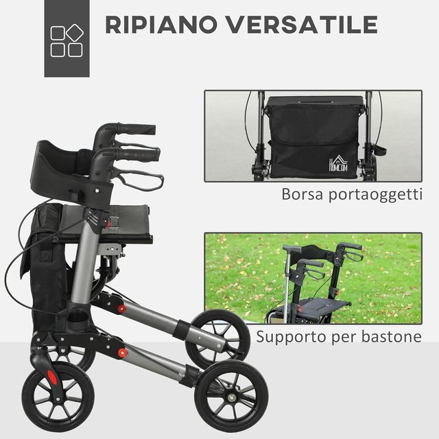 Andador Plegable para Ancianos con Altura Ajustable, Andador con Asiento, 4 Ruedas, Frenos Dobles y Bolsa de Almacenamiento, Andador para Ancianos y Discapacitados en Aluminio, Negro