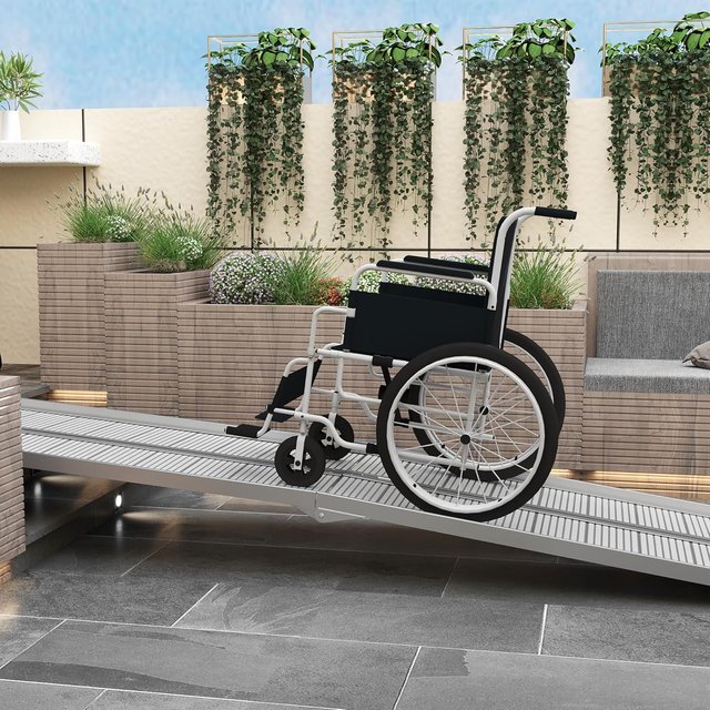Rampa para Silla de Ruedas y Scooter para Discapacitados Plegable, Aleación de Aluminio Antideslizante Capacidad 272 Kg, 305X73.5X5 Cm, Plata